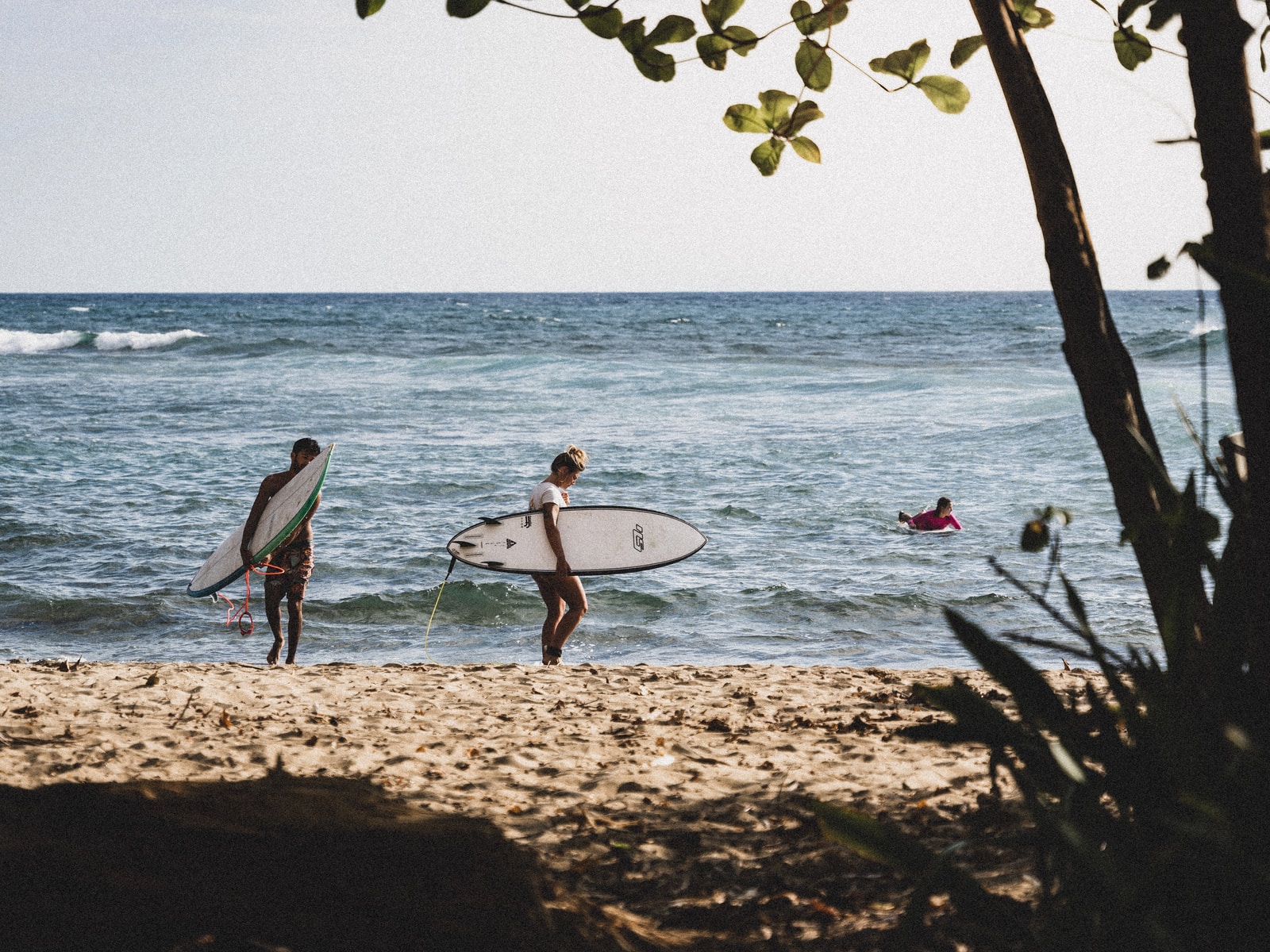 2 men holding white surfboard walking on beach shore during daytime