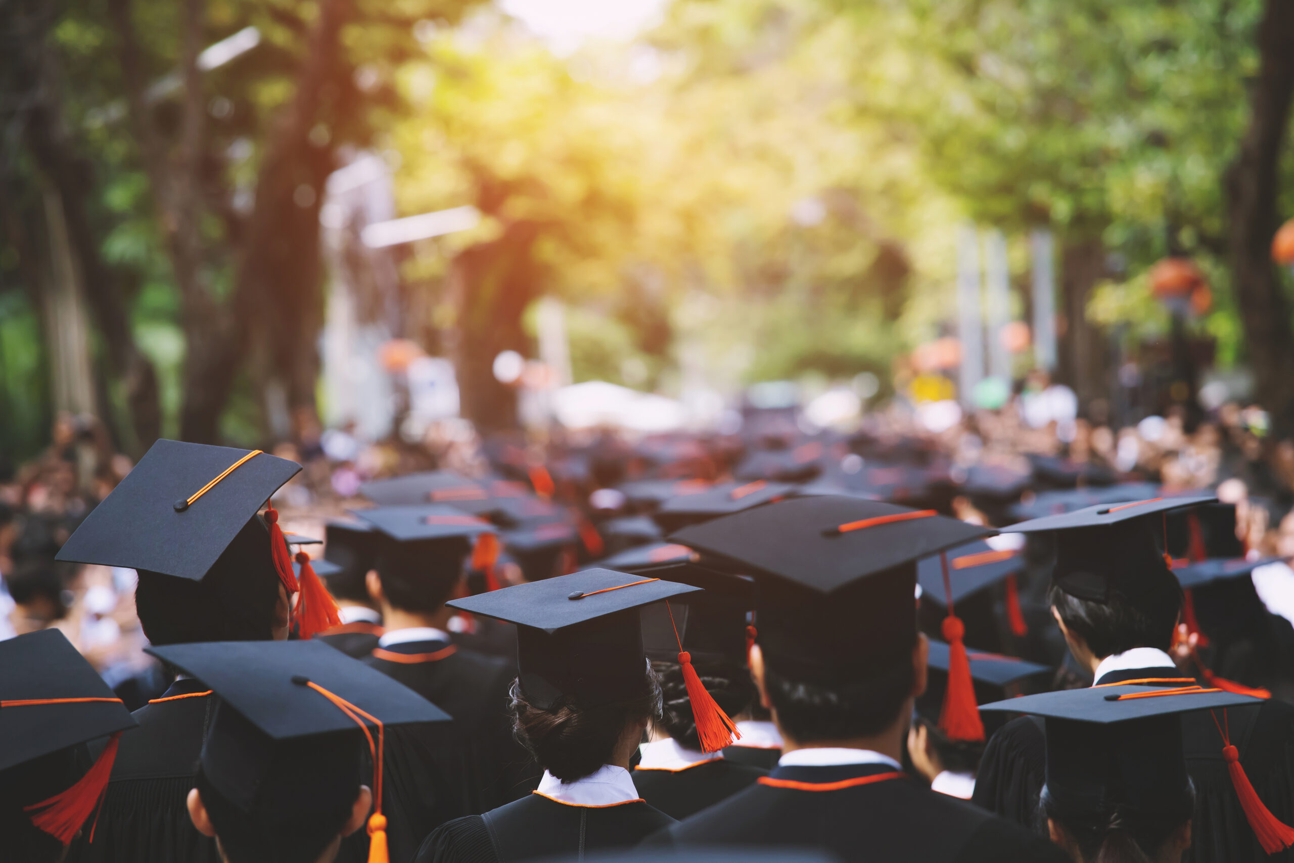 backside graduation hats during commencement success graduates o Banker showing paperwork to woman