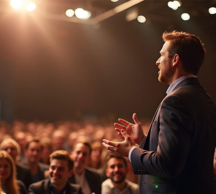 A male speaker standing and speaking in front of smiling audienc