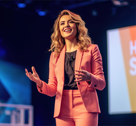 Motivational speaker with headset performing on stage.