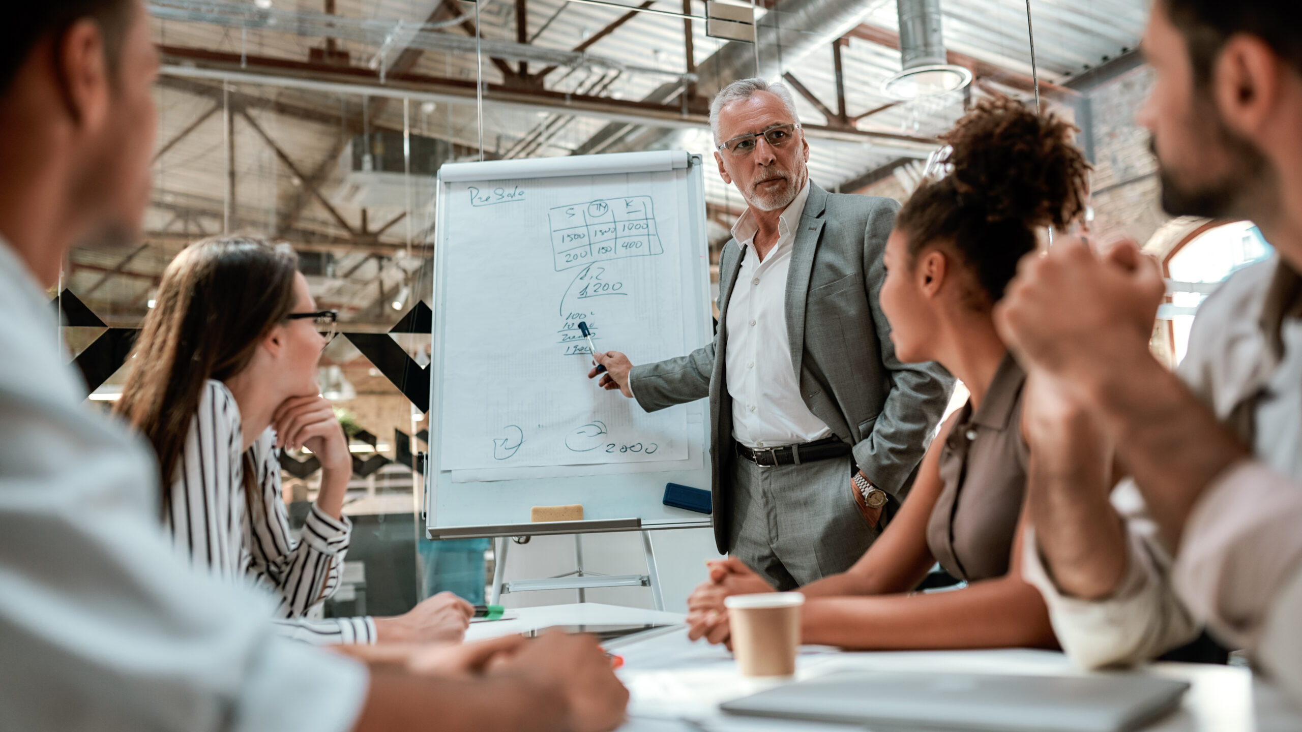 Business meeting with a man in a light suit presenting financial notes on a whiteboard to colleagues around a conference table.