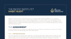Cover page for The Pacific Institute Habit Audit with a navy header and logo on the right and a white content area beginning with the intro text and 'The Assignment' heading.