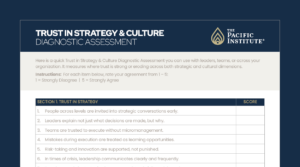 Cover page for the Trust in Strategy & Culture Diagnostic Assessment by The Pacific Institute, with logo and introductory instructions.
