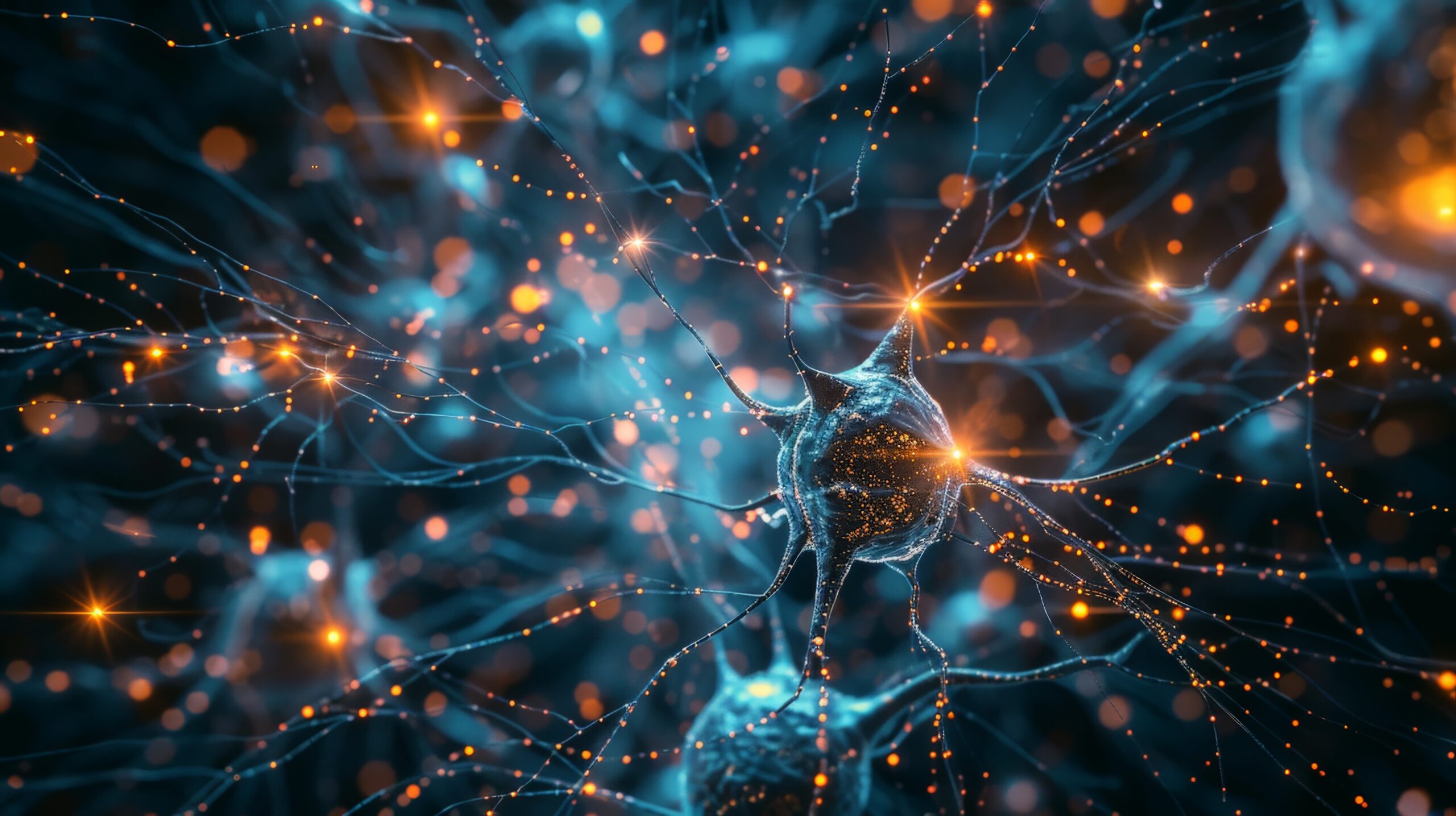 Abstract blue neural network with glowing orange synapses and interconnected fibers, like a digital brain map